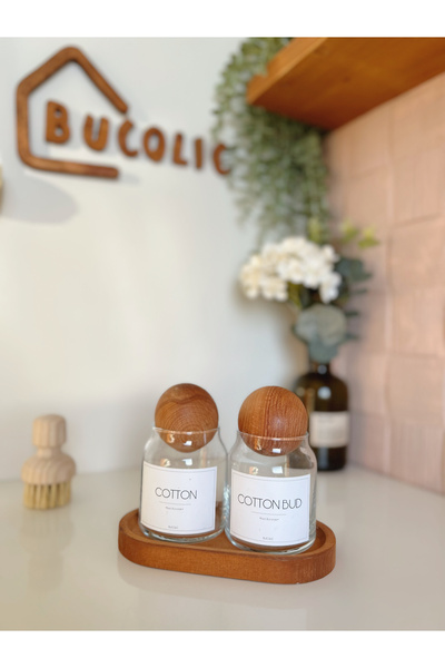 BUCOLIC طقم قطن زجاجي مكون من قطعتين مع غطاء خشبي / قطن - برعم قطني / حامل خش...