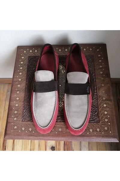 Butik Tülin Unisex leather suede beige coffee combination banded hand-stitched very soft rubber sole loafer