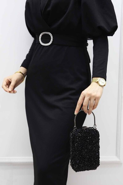 ROZA CANTA Γυναικεία βραδινή τσάντα φόρεμα με φυσική πέτρα σε μαύρο χρώμα