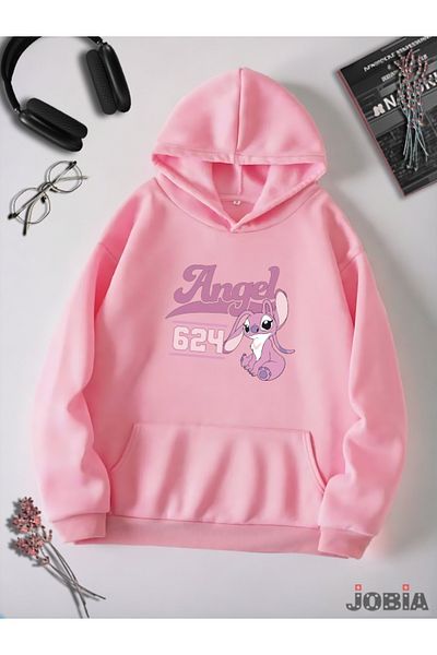 Jobia Outdoors Φούτερ Unisex 3 κλωστών Basic Hooded Lilo Angel Stitch με στάμπα ροζ ζαχαρωτό φλις φούτερ