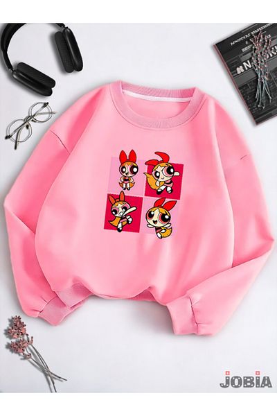 Jobia Outdoors Φούτερ με 3 νήματα Basic Crew Neck Power Puff Girls Blossam με στάμπα ροζ ζαχαρωτό φλις φούτερ