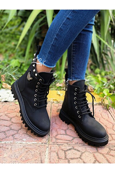 EPTC Kadın Önden Bağcıklı Yandan Fermuarı Lastikli Siyah Nubuk Bot & Bootie Postal KışSonbahar