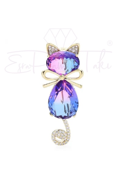 Esra Pamir Pembe ve Lila Zirkon Taş Altın Renk Kedi Broş
