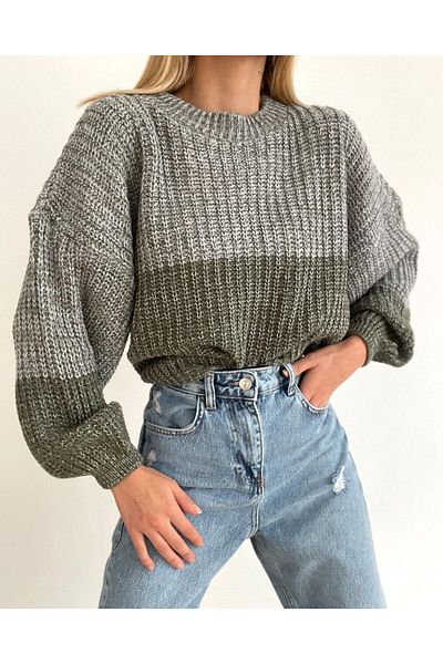 Jose Clothing Pulover de tricotaj crop cu mânecă cu balon, blocat de culoare - decolteu