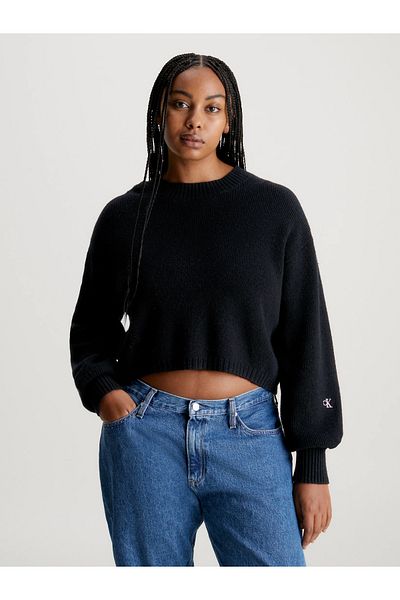 Calvin Klein Damski czarny sweter z okrągłym dekoltem - bawełna, logo marki, J20J 221962 -Beh