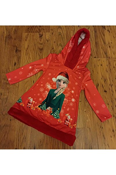 YDBKStore Kız çocuk Yılbaşı Detaylı Elsa Digital Baskılı/Hoodie Peluş Kapüşonlu Sweatshirt Elbise