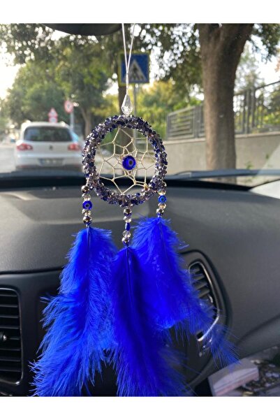 EL YAPIMI Mavi Nazar Boncuklu Taşlı Dikiz Aynası Süsü 09