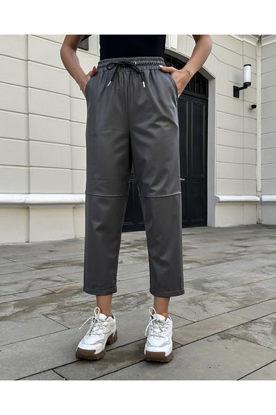 Elif Özbey Butik Gray Stripe Detailed Leather Trousers