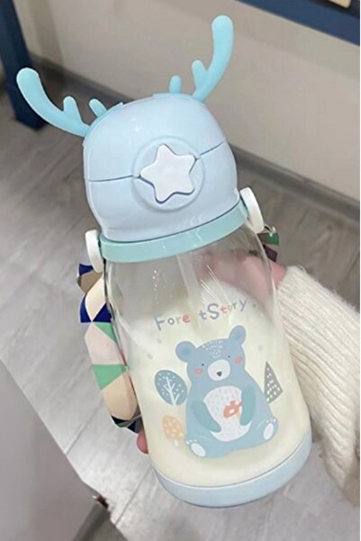 AYGÖREN HOME Geyikli Çocuk Suluğu Su Matarası Bpa Içermez Okul Suluğu Taşıma Pipetli Kayışlı Damlatmaz 500 Ml