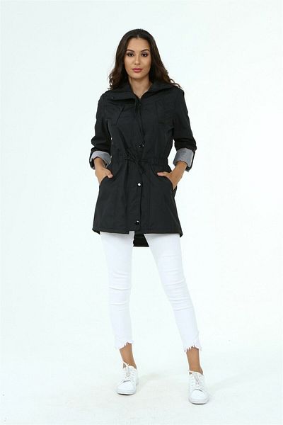 diaves Women's Black Side Gathered Foldable Sleeve Lined Trench Coat