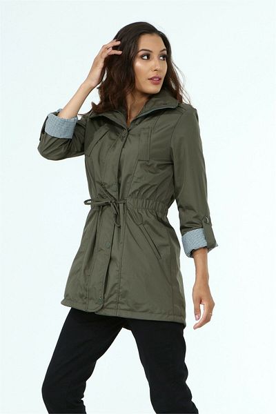 diaves Women's Khaki Color Side Gathered Foldable Sleeve Lined Trench Coat