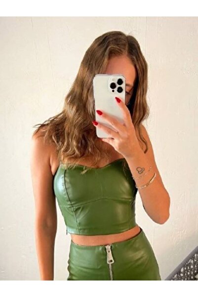 EDZ Yeni Trend Yeşil Deri Büstiyer Kadın
