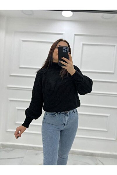 EDZ Pulover de damă cu mânecă cu balon de culoare neagră
