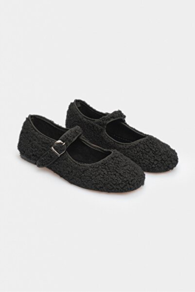 NİŞANTAŞI SHOES Agnesia Black Plush Flat Sole Women's Ballerinas