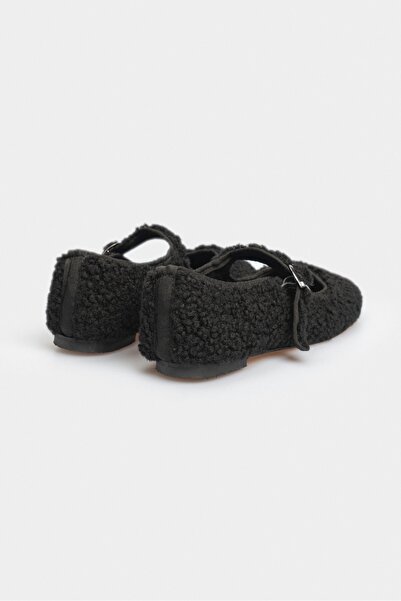 NİŞANTAŞI SHOES Agnesia Black Plush Flat Sole Women's Ballerinas
