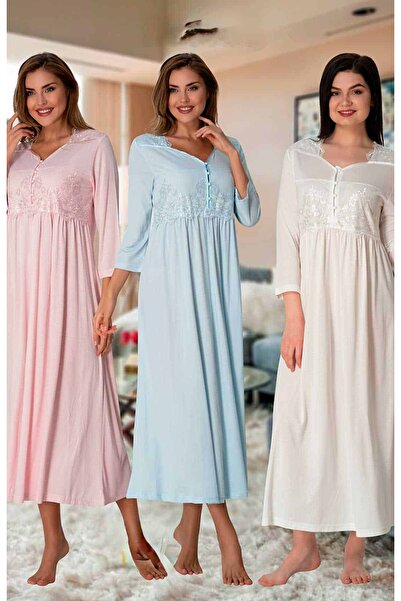 BLACKMORE Kadın Pudra Süslü Dantel Detaylı Hamile Lohusa Gecelik