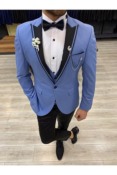 LONATOLİA Men's Tuxedo Groom Suit Swallow Collar Italian Cut Slim Fit Jacket Vest Pants Bow Tie-Ice Blue