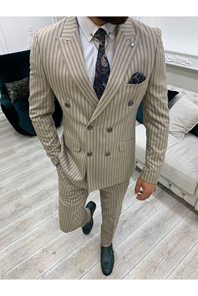 LONATOLİA Erkek Kruvaze Takım Elbise Kırlangıç Yaka İtalyan Kesim Slim Fit Ceket Pantolon