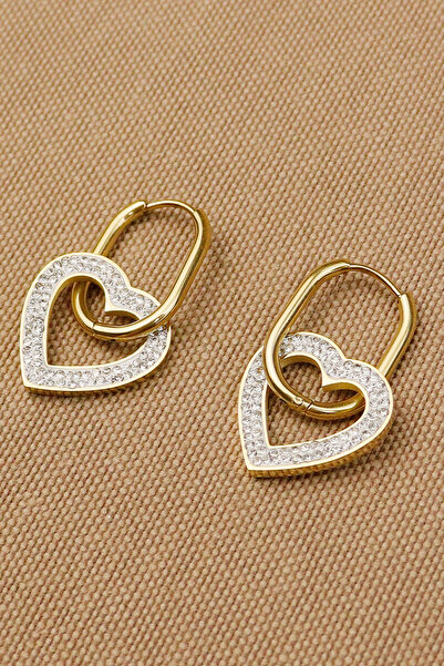 Keyifli Hayaller Kalp Model Çelik Küpe - Zirkon Taşlı Kalpli Halka 316L Karar...