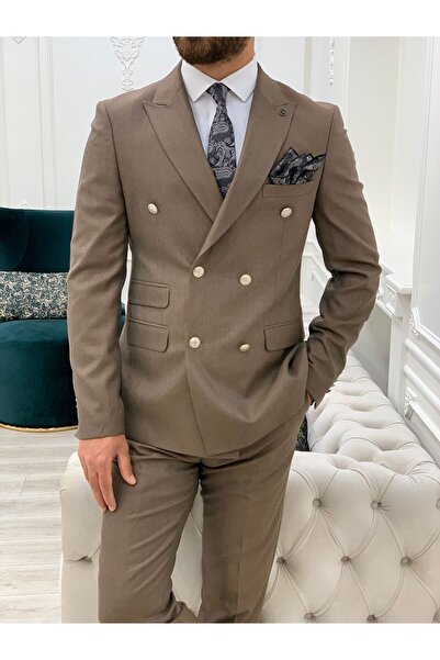 LONATOLİA Erkek Kruvaze Takım Elbise Kırlangıç Yaka İtalyan Kesim Slim Fit Ceket Yelek Pantolon-Kahve
