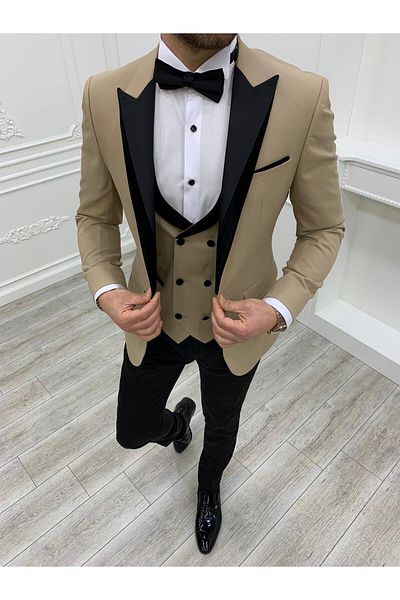 LONATOLİA Men's Tuxedo Groom Suit Swallow Collar Italian Cut Slim Fit Jacket Vest Pants Bow Tie-Cream