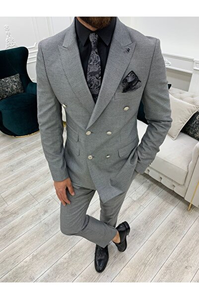 LONATOLİA Erkek Kruvaze Takım Elbise Kırlangıç Yaka İtalyan Kesim Slim Fit Ceket Yelek Pantolon-Açık Gri