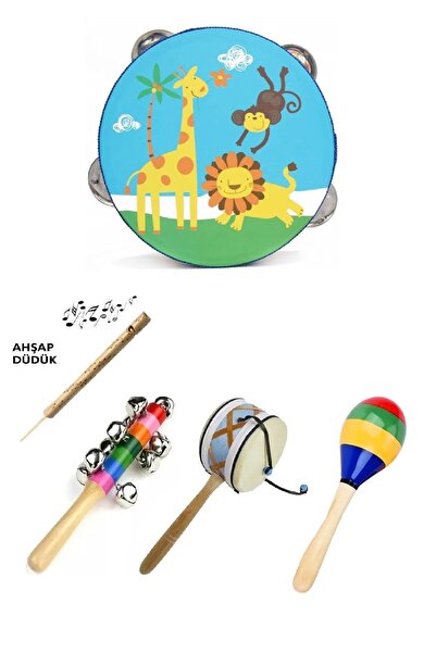 AyasEğiticiOyuncak Bebek Müzik Aleti Ahşap El Davulu, Renkli Marakas Zilli Be...