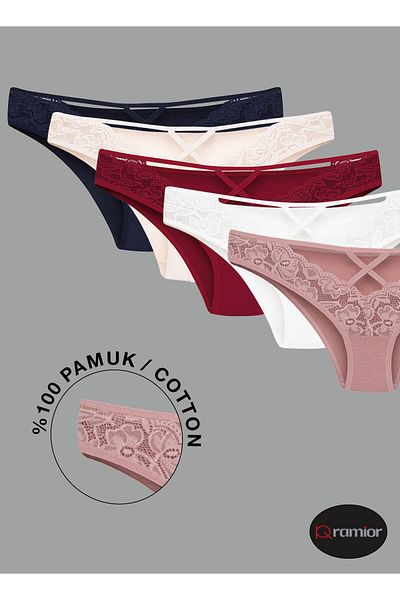Ramior SET RAMİOR 5 BUCĂȚI PANTALONI DE BUMBAC DETALĂȚI DE DANTELĂ ÎN FAȚĂ (ROSU-ALB-ALBASTRU ÎNCHIS-PUDRĂ-TRAndafir USCAT)