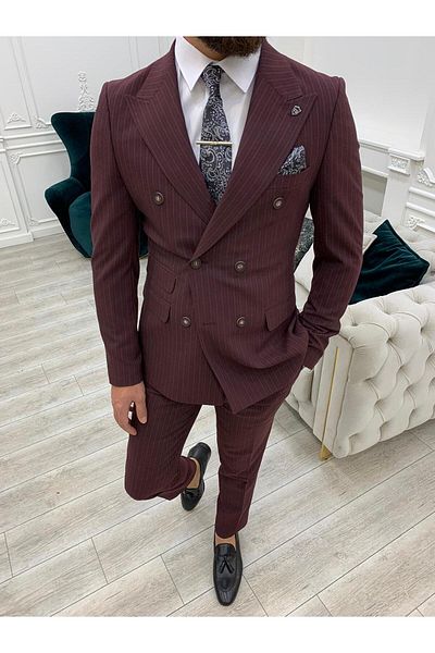 LONATOLİA Men's Striped Double Breasted Suit Italian Cut Slim Fit Jacket Trousers-Burgundy