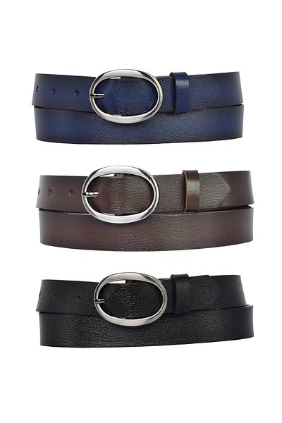 GoDeri 100% Genuine Leather Matte Oval Buckle Set of 3 Black, Dark Brown, Navy Blue Women's Belt-3pcs-39-nick