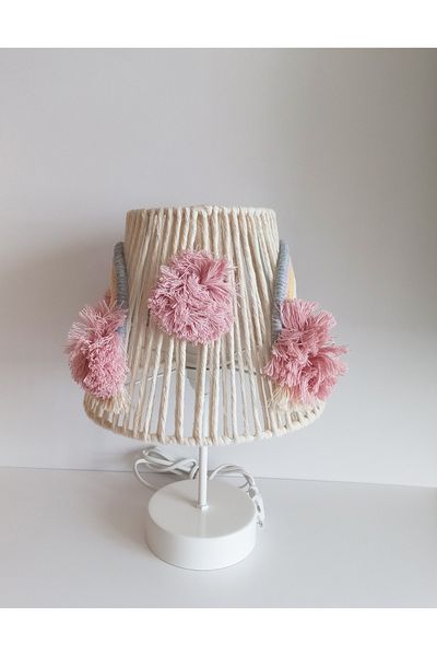 C&A&B KUZEY AVİZE Macrame Rope Wrap Rainbow - Pink Handmade and Pompom Baby Girl and Children's Room Lampshade