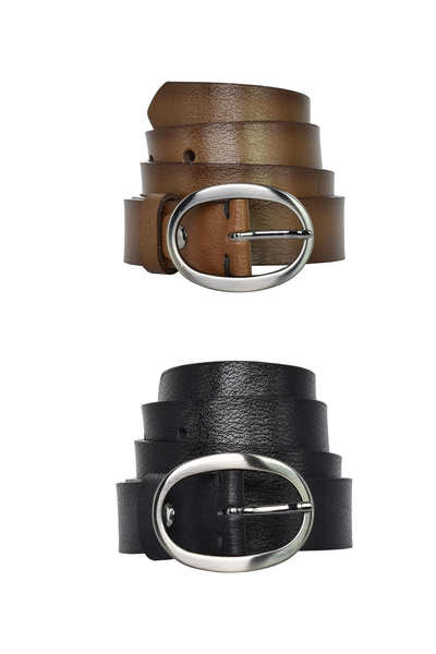 GoDeri %100 Hakiki Deri Mat Oval Tokalı 2'li Set Siyah, Açık Kahverengi Ince Kadın Kemeri, 3 Cm=kdn39nik.ov