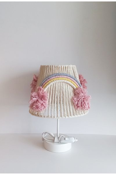 C&A&B KUZEY AVİZE Macrame Rope Wrap Rainbow - Pink Handmade and Pompom Baby Girl and Children's Room Lampshade