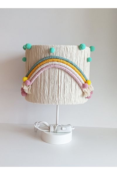 C&A&B KUZEY AVİZE Ecru Colored Cylinder Macrame Rope Wrap Rainbow - Mint Pink Pompom Baby Girl Child Room Lampshade