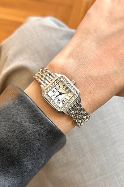 pierrose Silver Color Metal Cord Roman Numeral Square Minimal Women's Wristwatch