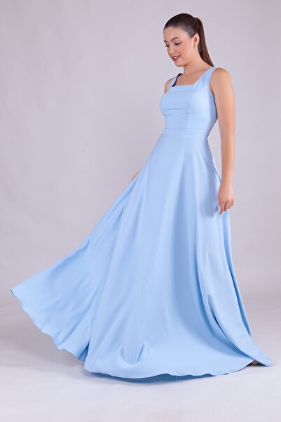 bayansepeti فستان سهرة ماكسي من قماش أطلس بياقة مربعة وحزام سميك أزرق فاتح 413