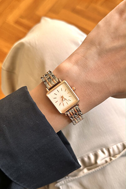 pierrose Silver Rose Double Color Metal Cord Square Minimal Women's Wristwatch