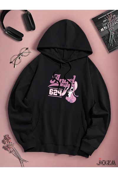 Joza Outdoors Unisex Γυναικείες Ανδρικές Basic Lilo Angel Stitch με εμπριμέ ασπρόμαυρο φούτερ Fleece με κουκούλα