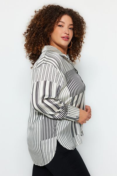 Trendyol Curve Long Sleeve Black and White Striped Shirt - TBBAW24AX00006