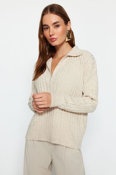 Trendyol Collection Pulover tricotat cu guler polo cu textura moale de piatră TWOAW24KZ00678