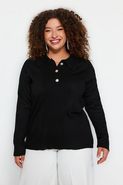 Trendyol Curve Black Polo Neck Button-Closed Knitwear Sweater TBBAW24AN00039