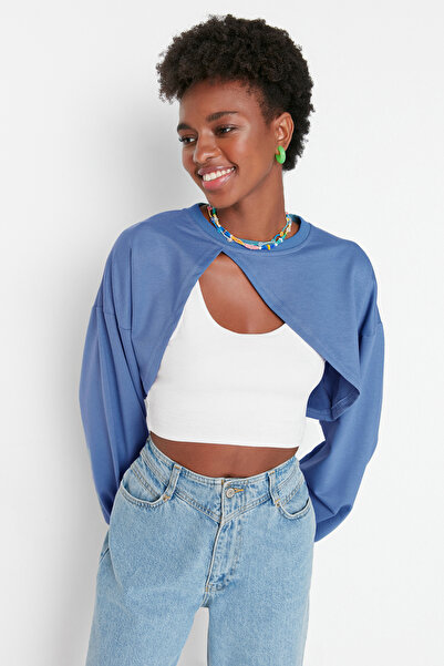 Trendyol Collection Indigó aszimmetrikus Super Crop Crew nyakú vékony kötött pulóver TWOAW23SW00531