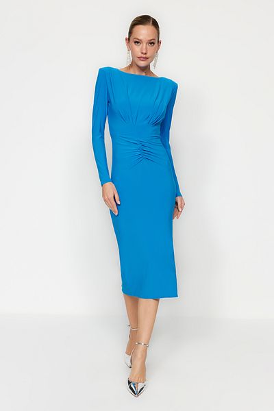 Trendyol Collection Rochie de seara eleganta, drapat, tricotata, albastra TPRAW24EL00200