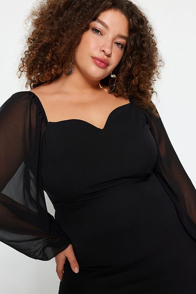 Trendyol Curve Long Sleeve Slit Black Midi Dress - TBBAW24AH00089