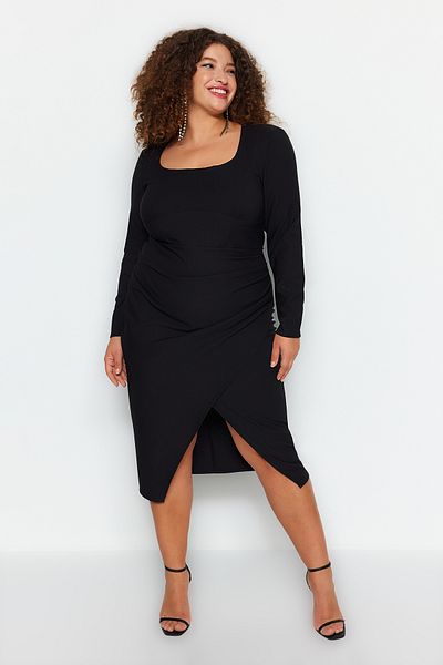Trendyol Curve Long Sleeve Midi Black Dress with Slit - TBBAW24AH00080