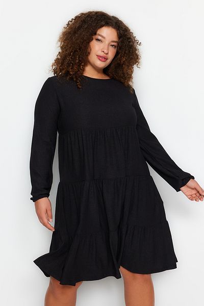 Trendyol Curve Plus Size Black A-Line Ruffle Mini Dress - Tbbaw24Ah00041