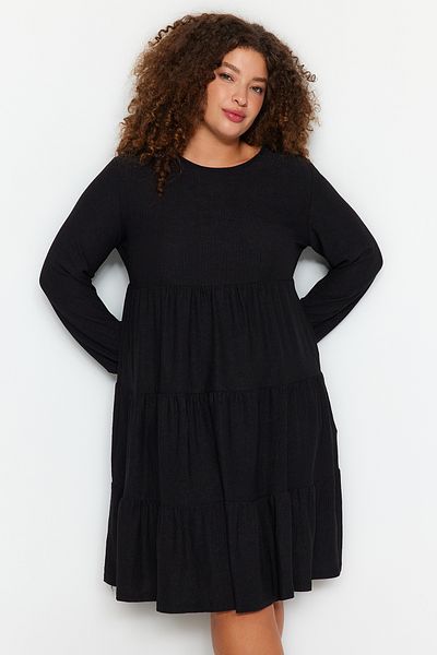 Trendyol Curve Plus Size Black A-Line Ruffle Mini Dress - Tbbaw24Ah00041