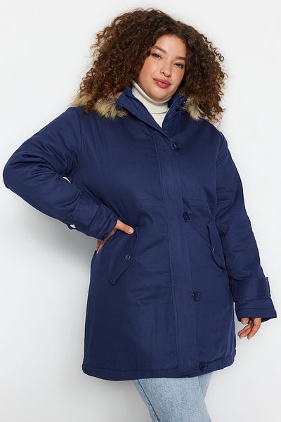 Trendyol Curve Sötétkék szőrös kapucnis Parka - TBBAW24AW00022