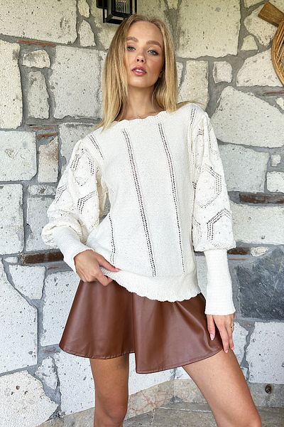 Trend Alaçatı Stili Γυναικείο Κρέμα Μπλούζα Μπαλαντέρ with Ανοιχτό Άνοιγμα Triko Καλοκαίρι Alc-X11000