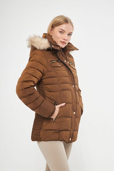 DYNAMO Women's Caramel Hood Detachable Fur Lined Thick Coat 5303